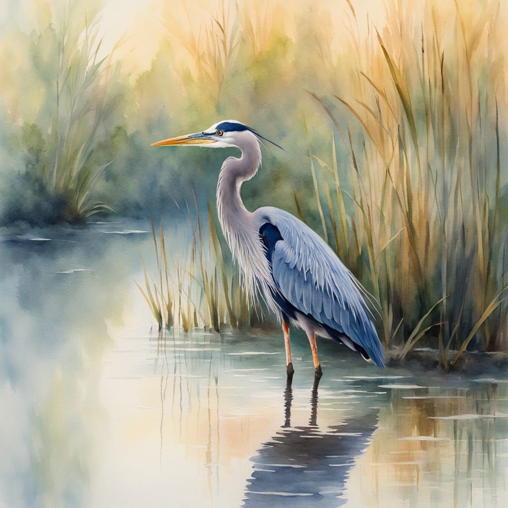 Whimsical Blue Heron in Misty Morning Light