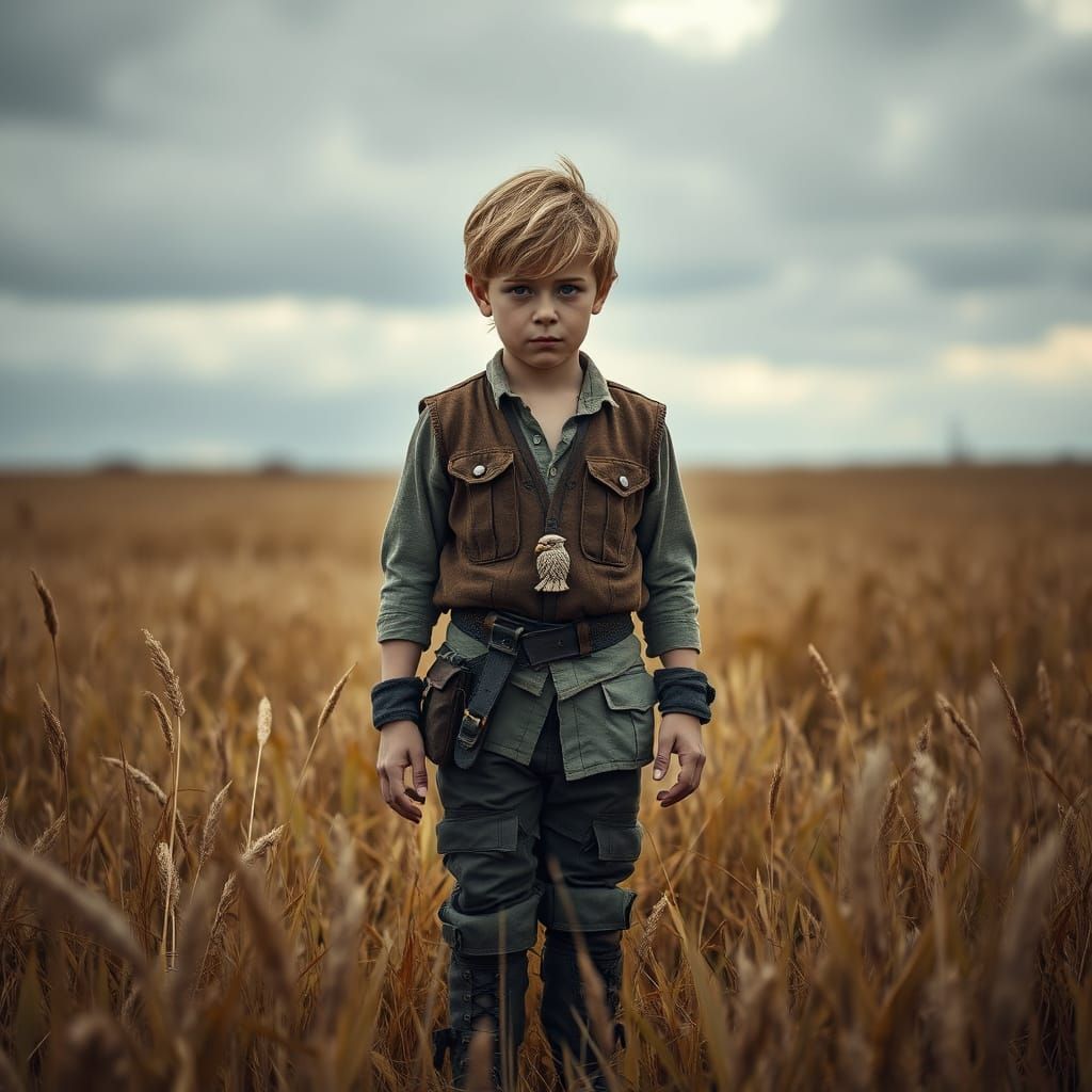 Boy with Slingshot in Overcast Field: Cinematic Realism