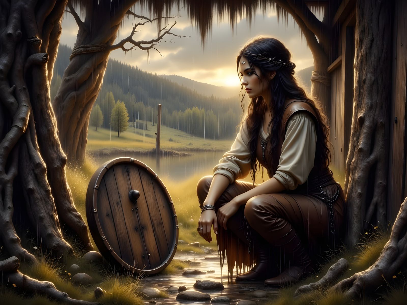 Norse Goddess Shelters from Rain in Monochrome