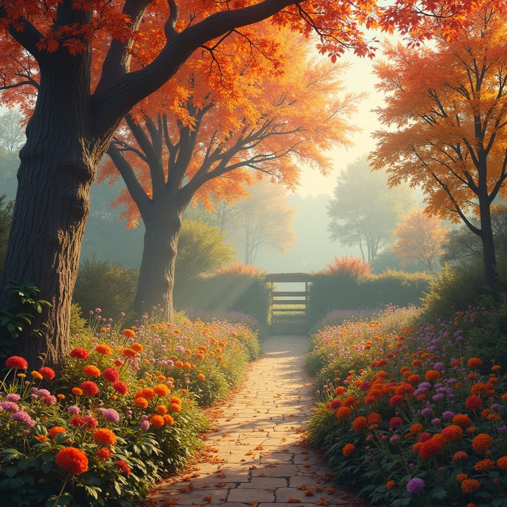 Autumnal English Garden Landscape in Fantasy Style