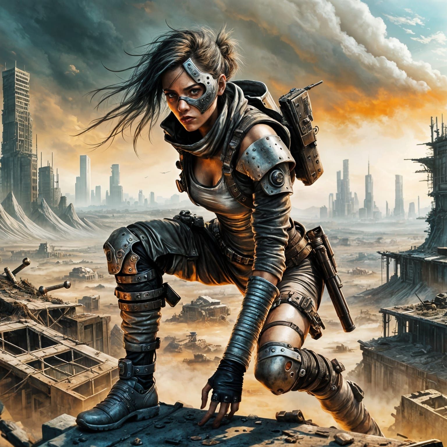 Female Cyborg in Wasteland: Dystopian Sci-Fi Painting