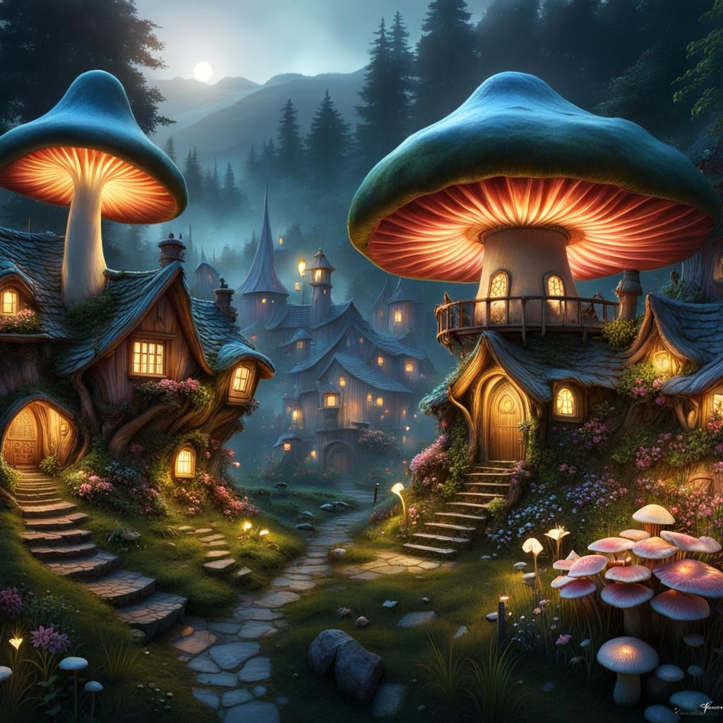 Magical Fairy Village with Giant Flowers in Twilight