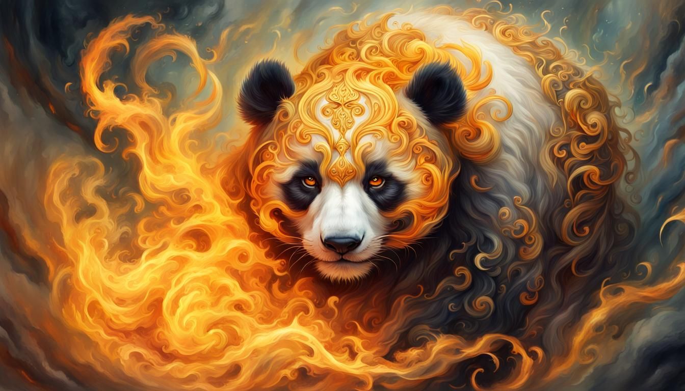 Fantasy Fire Panda Portrait in Oil Painting Style