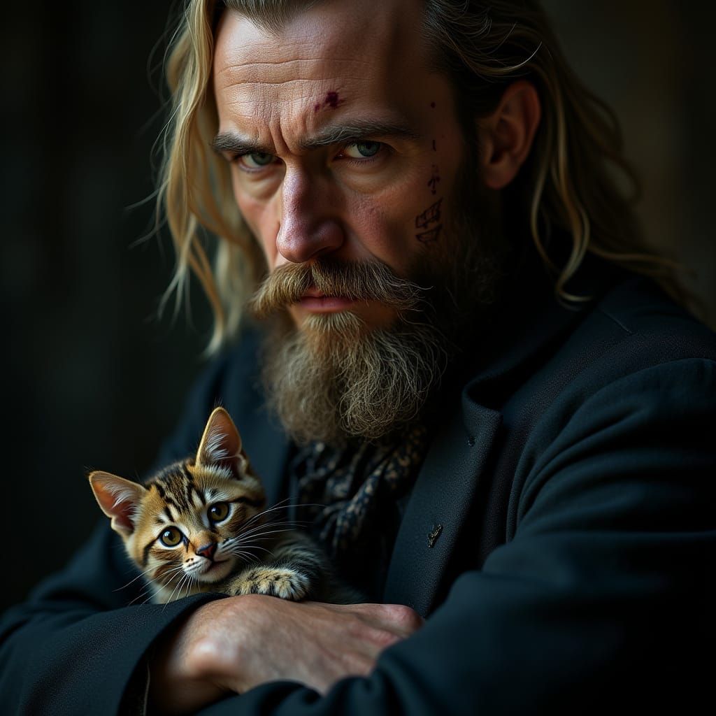 Rugged Man Tenderly Holds Kitten in Dramatic Light