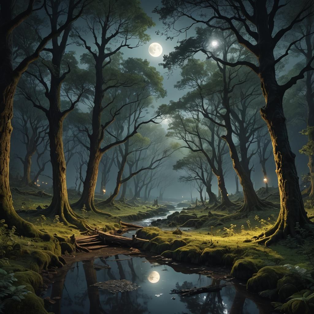 Moonlit Brook in Forest: Digital Matte Painting