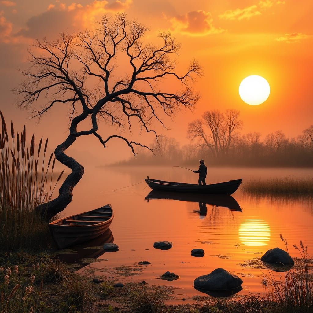 Surrealist Sunset Scene with Twisted Tree and Fisherman