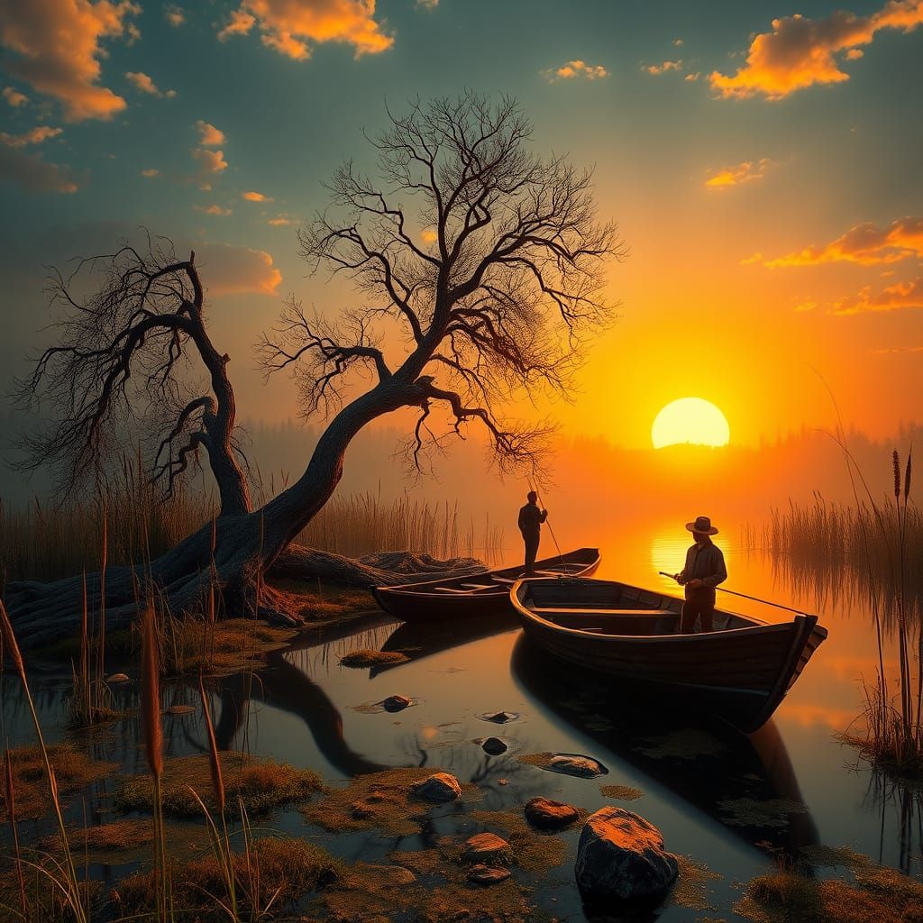Surrealist Sunset Pond Scene in Hyper-Realistic Style