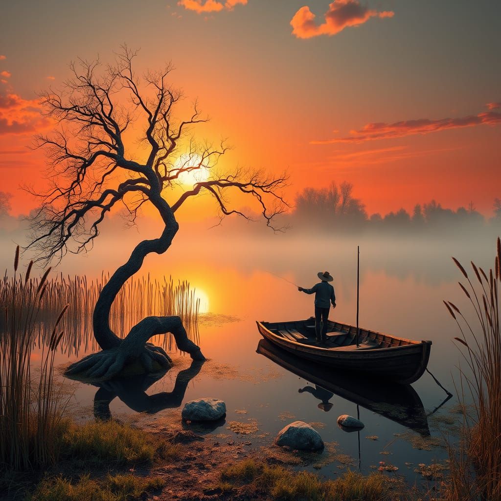 Surrealist Sunset on a Serene Pond with a Fisherman