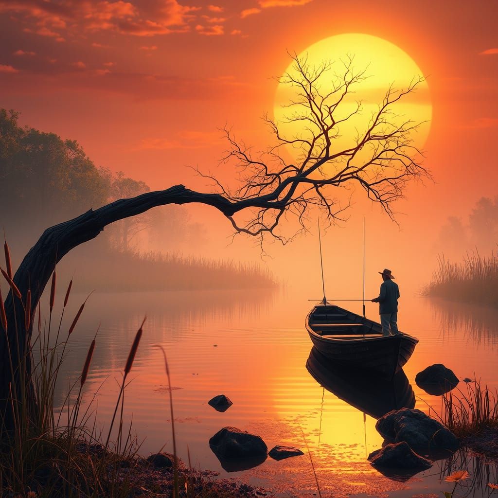 Surrealist Sunset Scene with Twisted Tree and Lonely Fisherm...