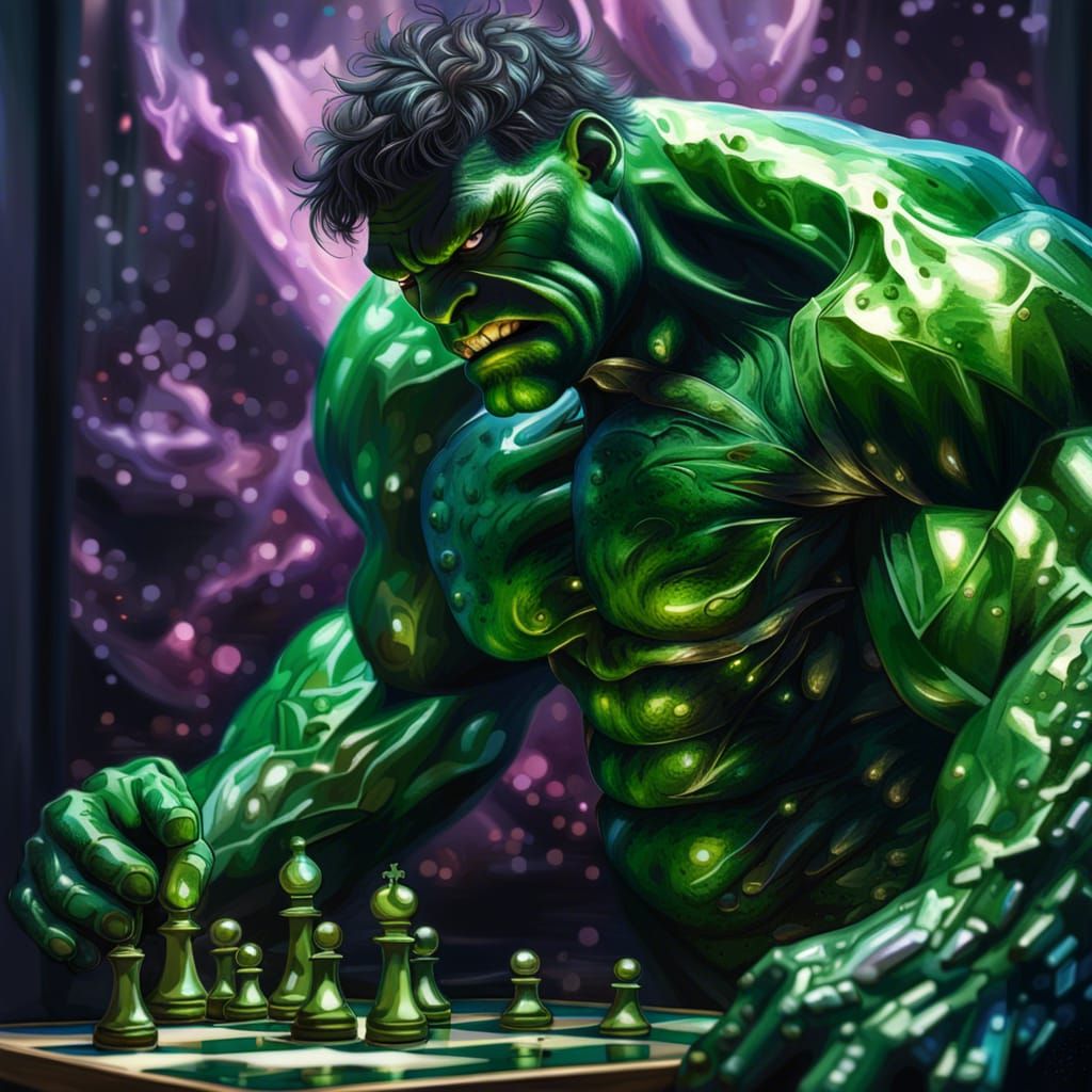 Iridescent Hulk Plays Chess in Space