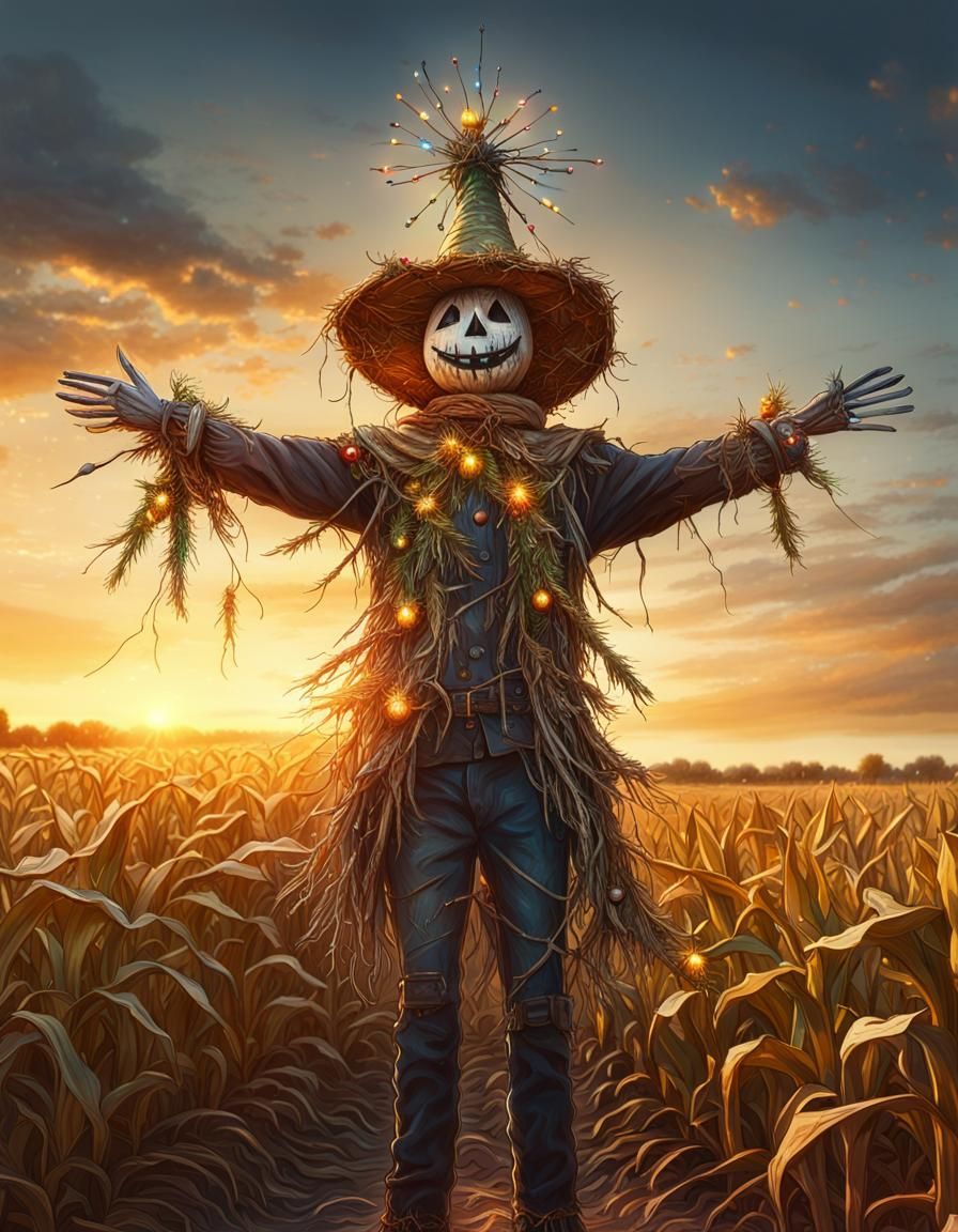 Scarecrow Christmas Tree in Cornfield at Sunset