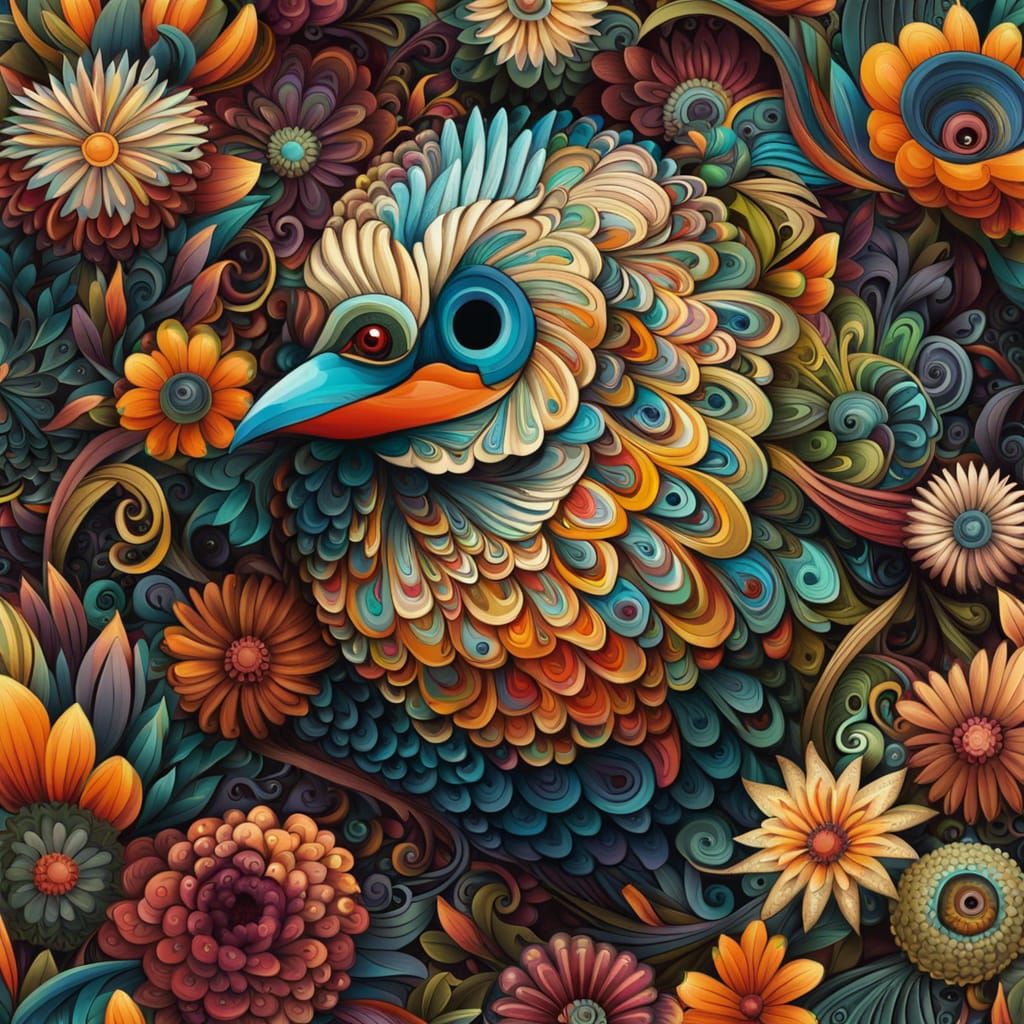 Ornate Bird in Bohemian Flower Garden