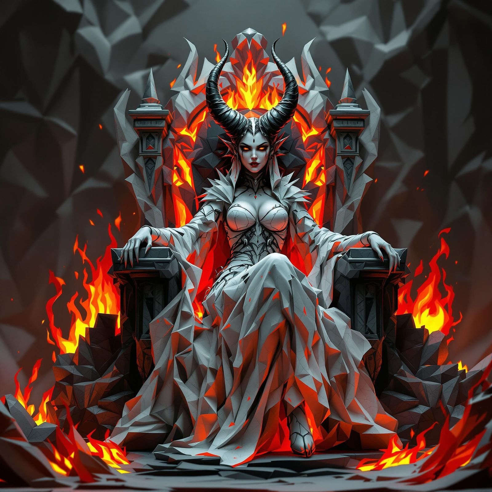 Fiery Demoness on Paper Throne: 3D Papercraft Art