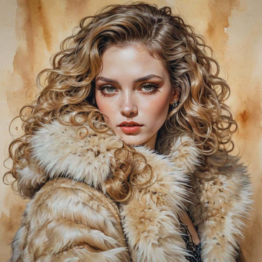Ethereal Girl in Fur Coat, Watercolor Style