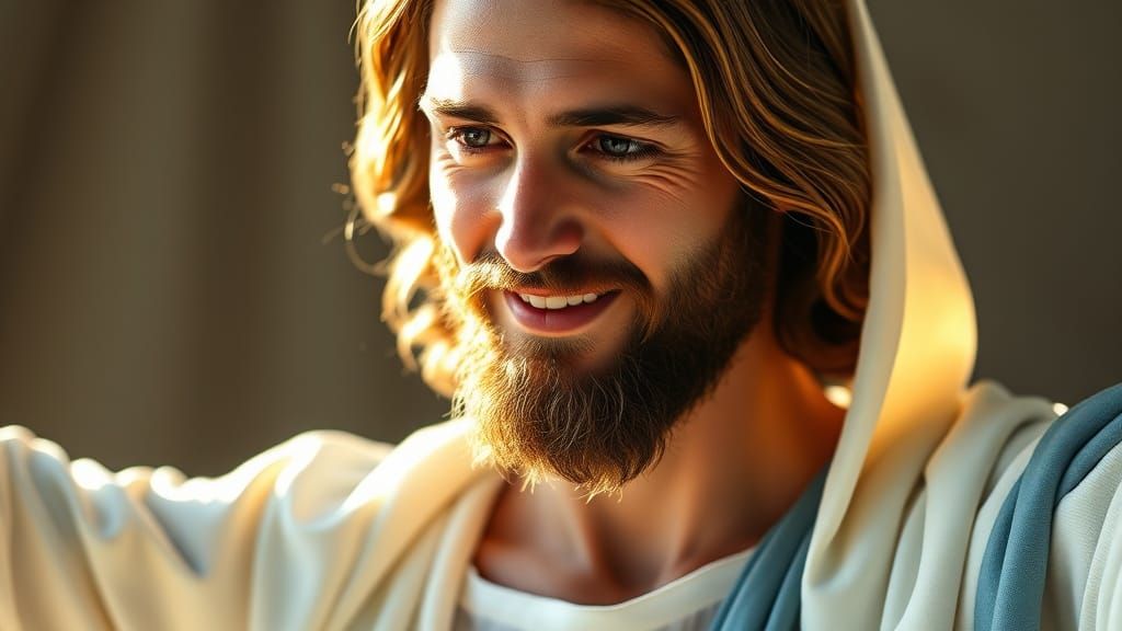 Jesus in Radiant White Robe, Embracing with Warm, Inviting G...