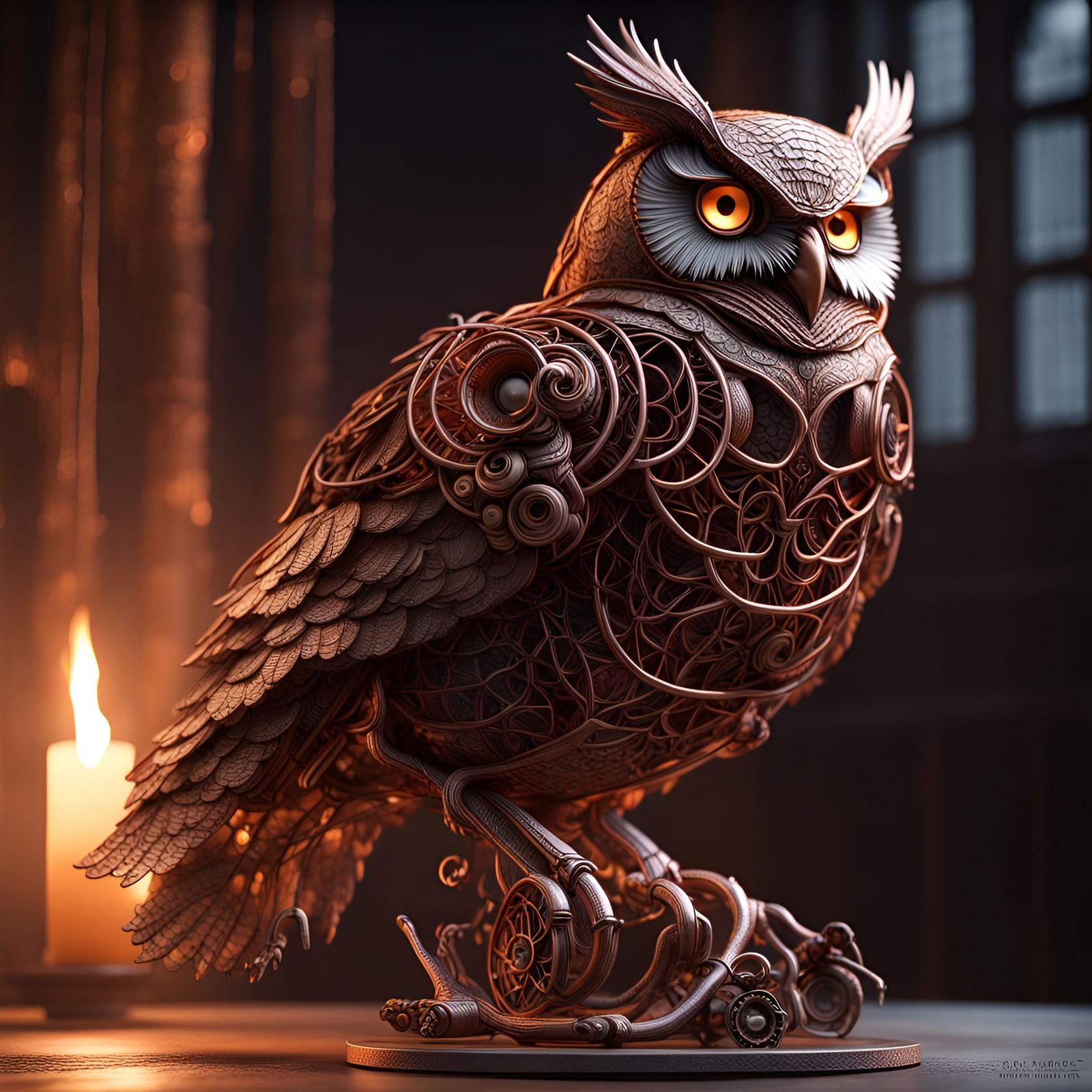 Steampunk Wire Sculpture of Great Horned Owl