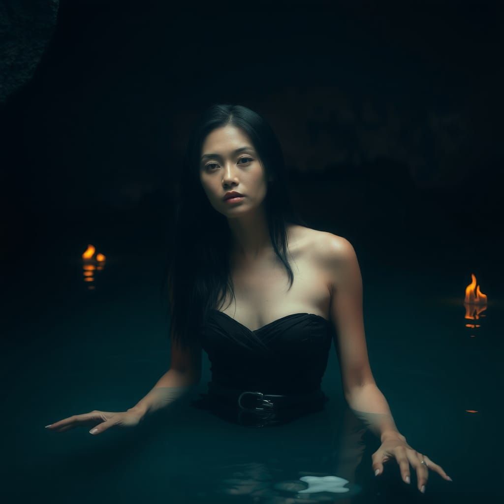 Dark-Haired Queen in Cave Pool with Fires