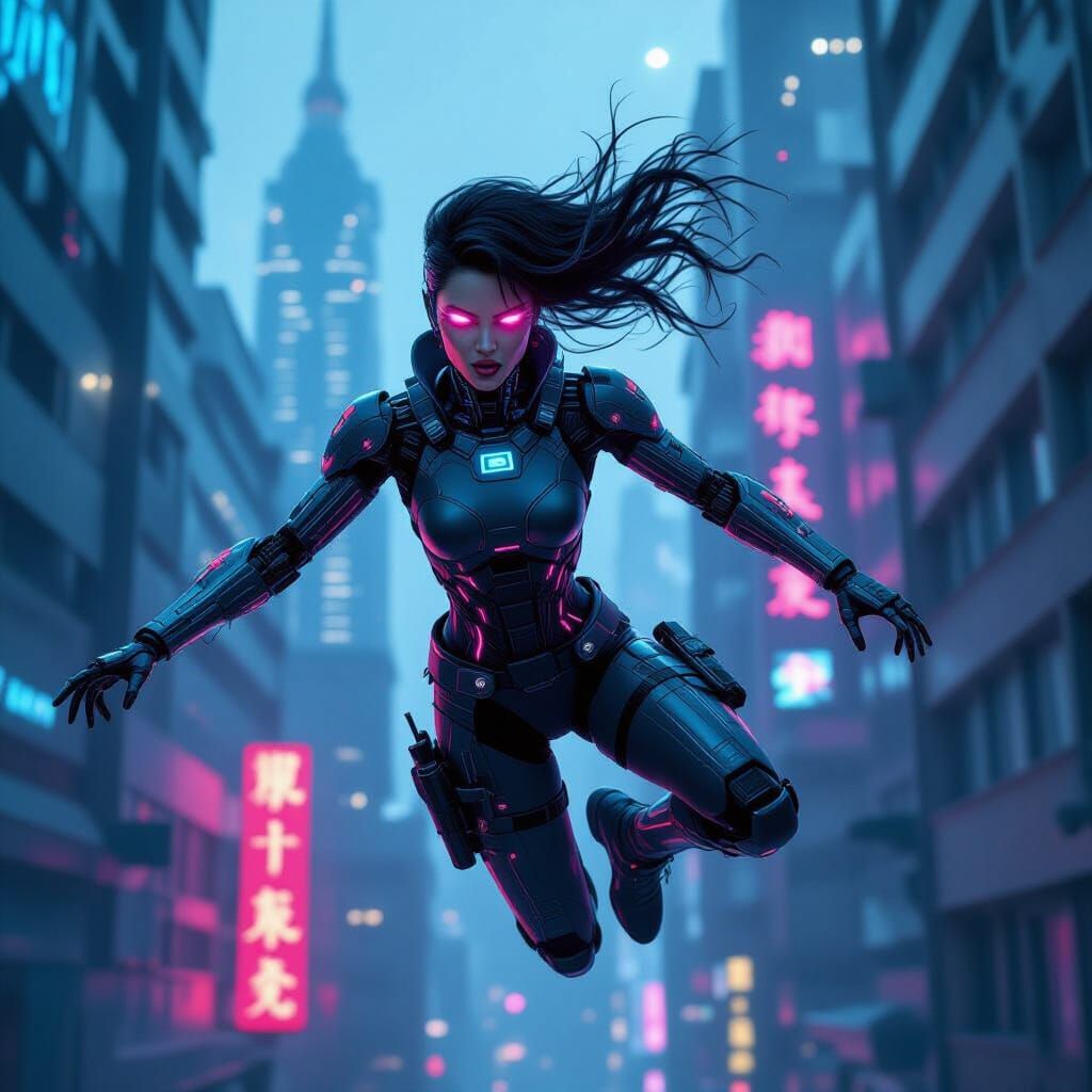 Cyberpunk Cyborg Assassin Stumbles Between Neon Skyscrapers