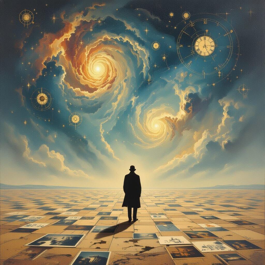 Lone Figure Amidst Clockwork Nebulae Sky