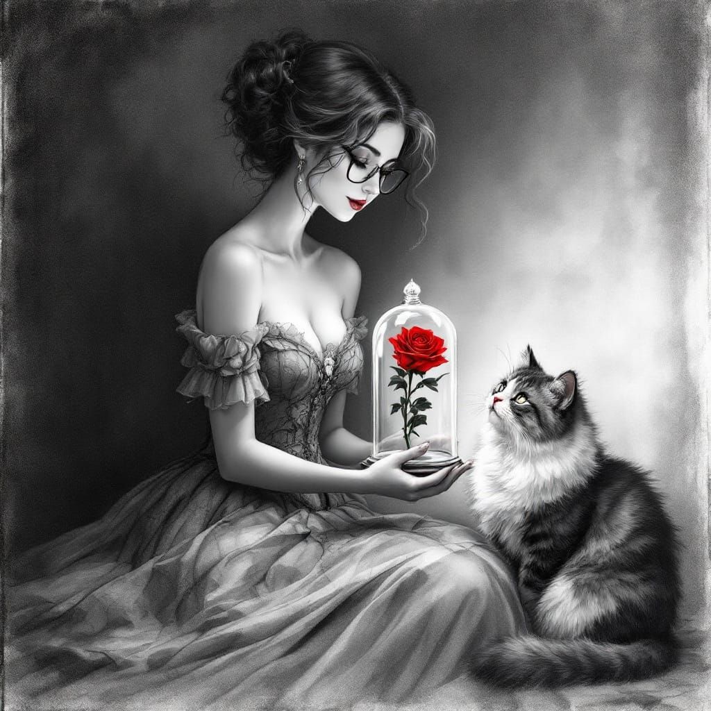 Beautiful Woman in Ball Gown Holding Rose Sketch