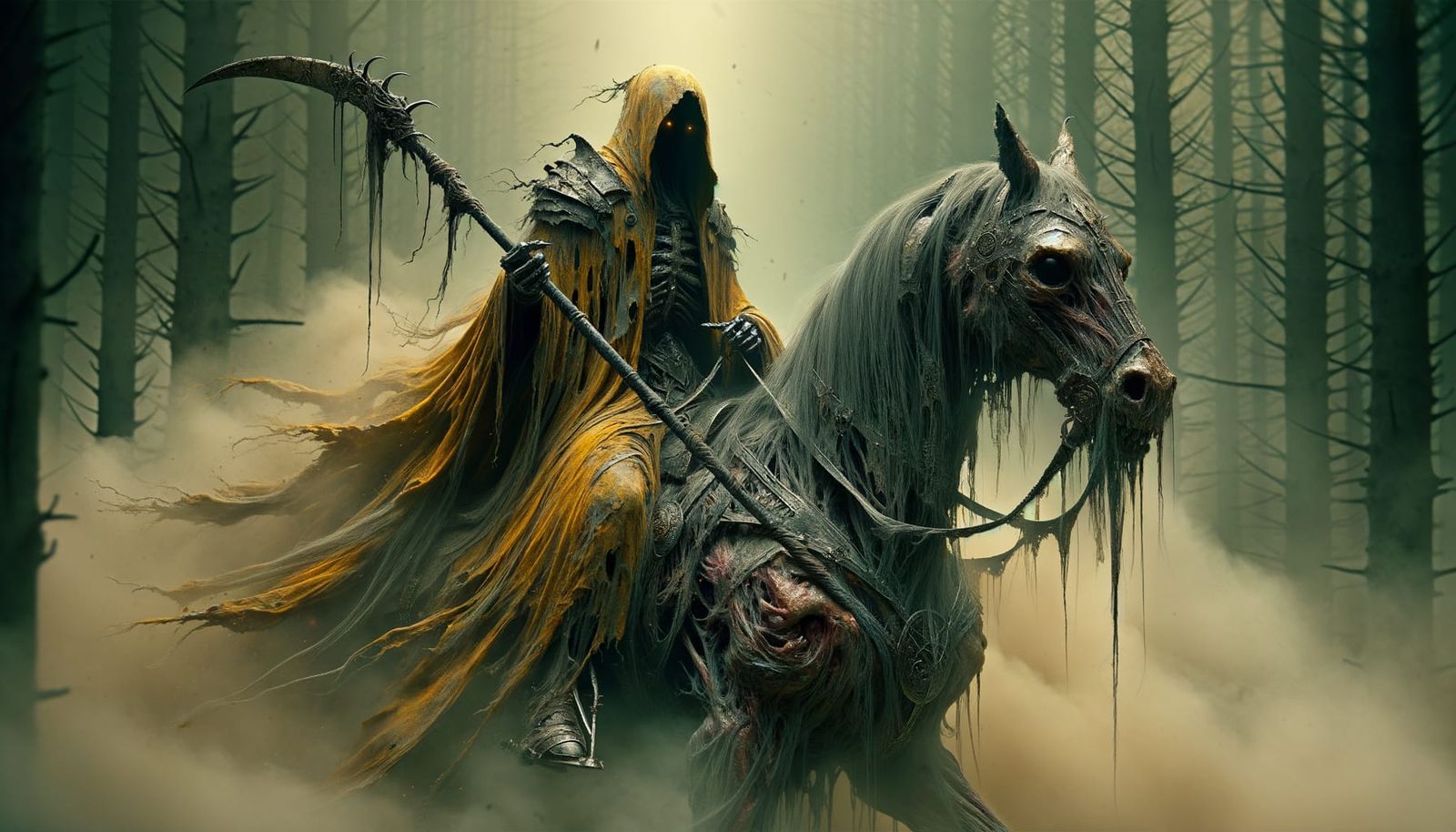 Smoky Wraith on Zombified Steed in Foggy Forest