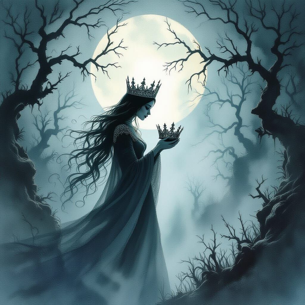 Spectral Woman with Crown in Haunted Forest - Watercolor Sty...