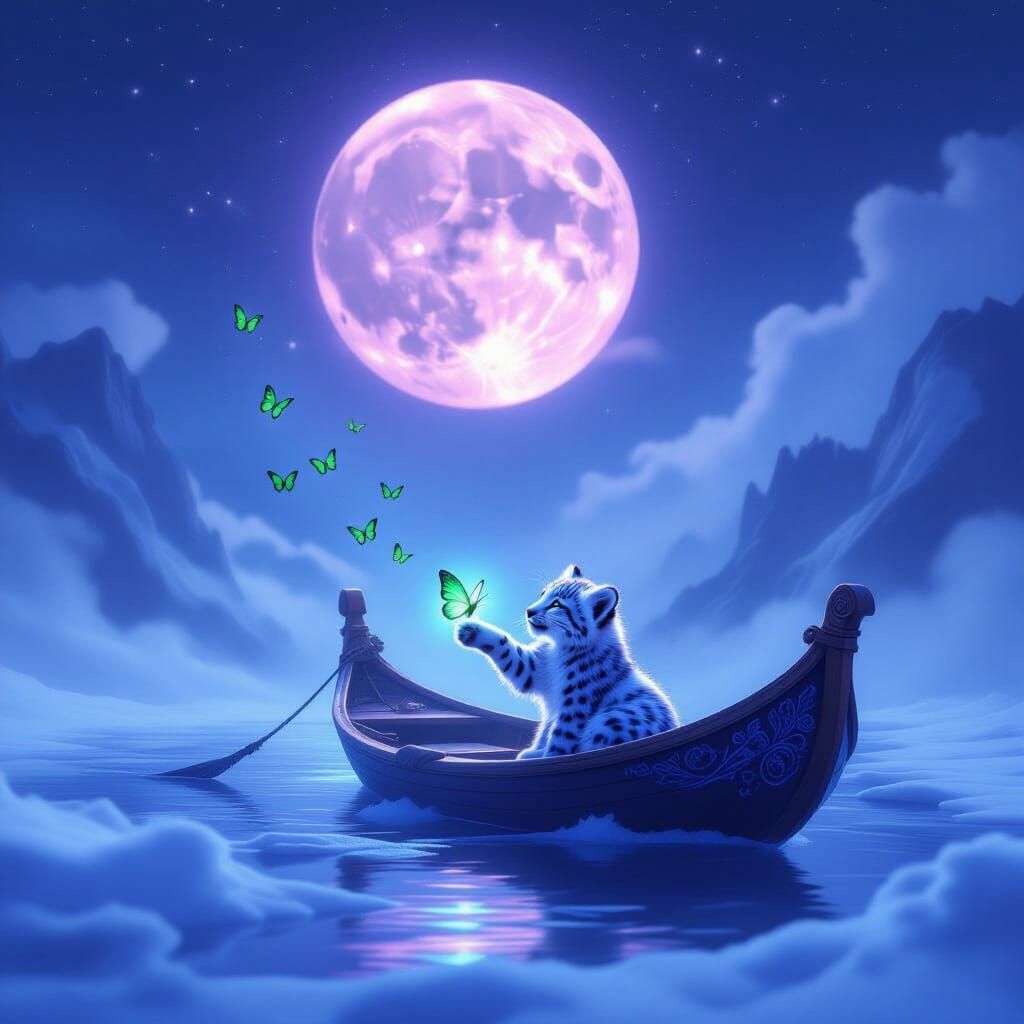 Mystical Snowy Landscape with Glowing Moon and Magical Boat