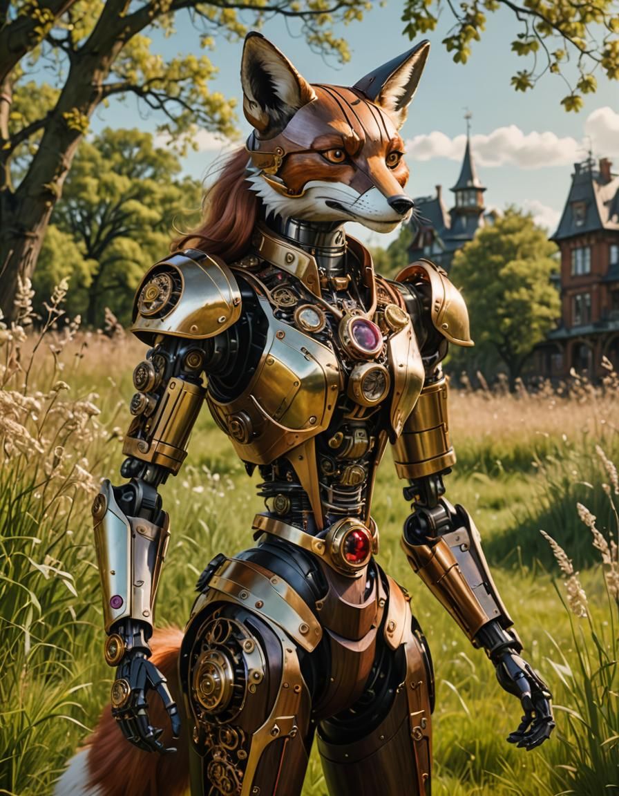 Steampunk Clockwork Fox Robot in Spring Meadow