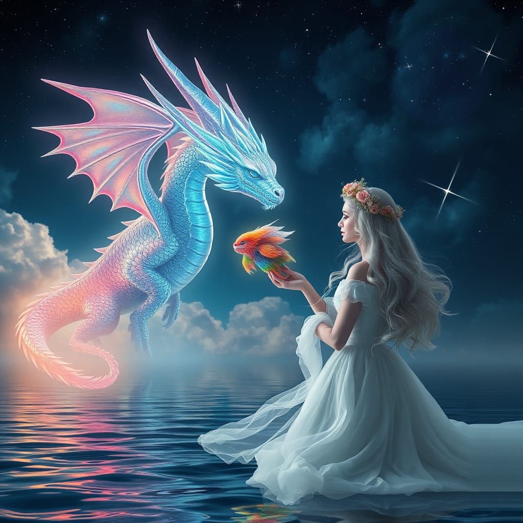Celestial Dragon and Mythical Creature in Starry Scene