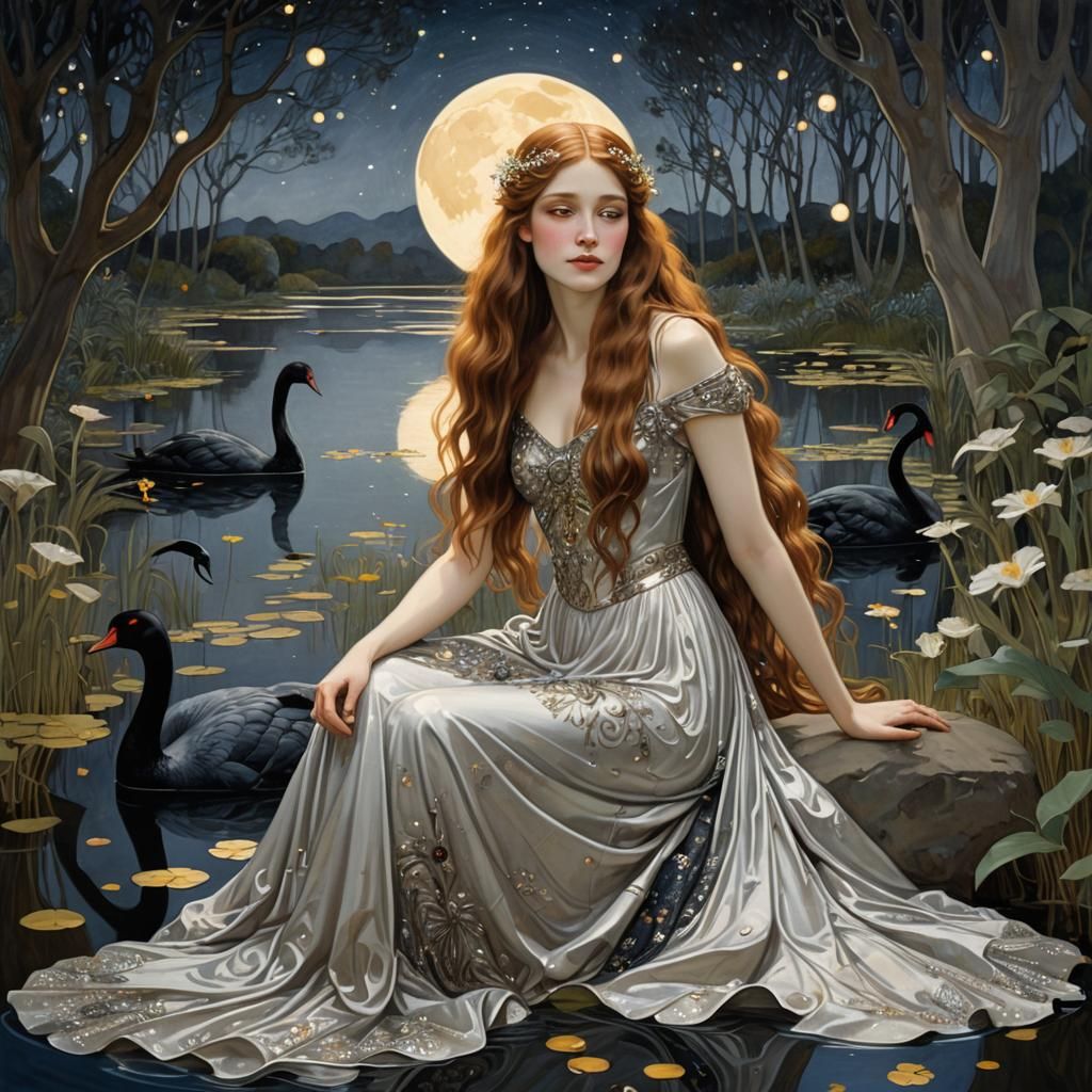 Art Nouveau Girl with Black Swans, Klimt-Inspired