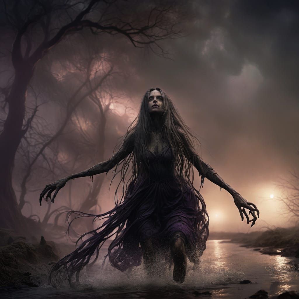Surreal Spider Goddess in Dark Fantasy Landscape