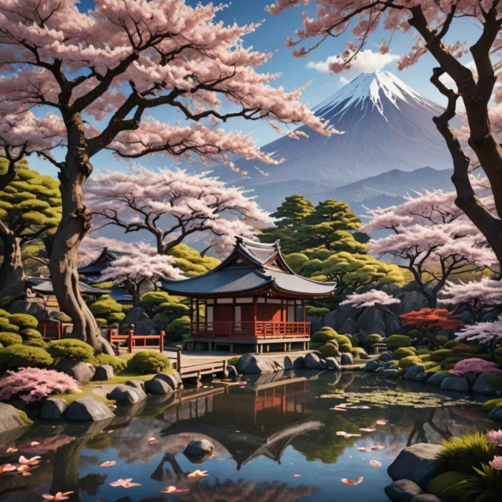Serene Japanese Tea House with Cherry Blossoms