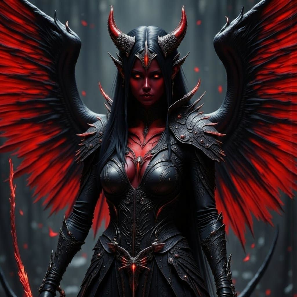 Demonic Angel with Black Wings in Dark Fantasy