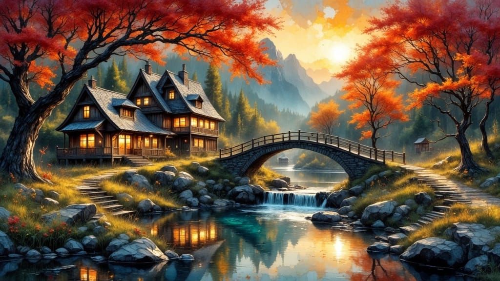 Fantasy Cottage Scene with Stone Bridge in Autumn Colors