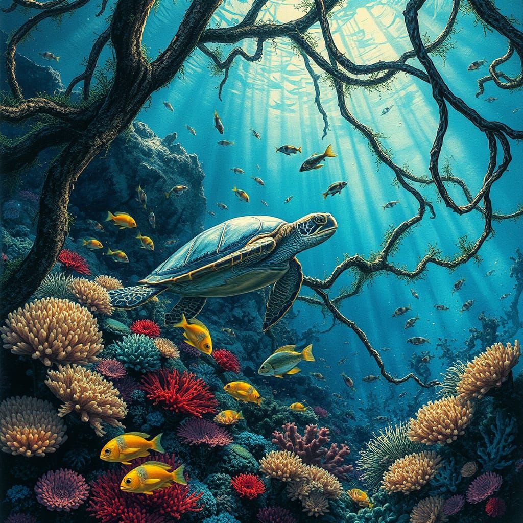 Vibrant Coral Reef Ecosystem with Sea Turtles