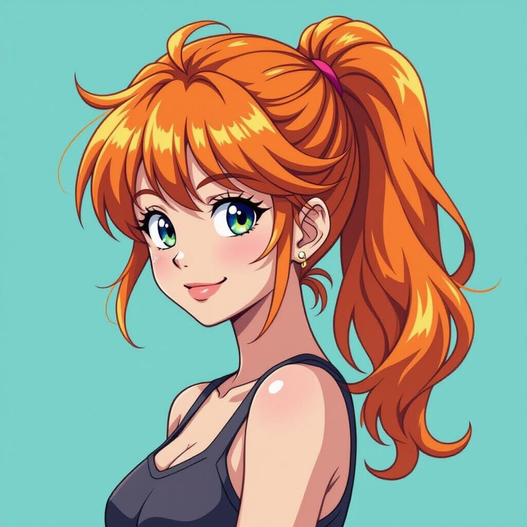 Anime Girl with Orange Hair and Smirk in Cel Shading