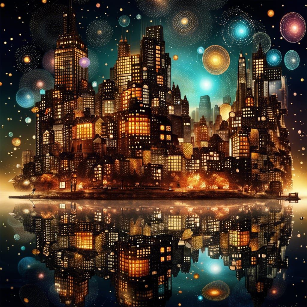 Ethereal Aboriginal Dot Art Landscape with Glass Buildings