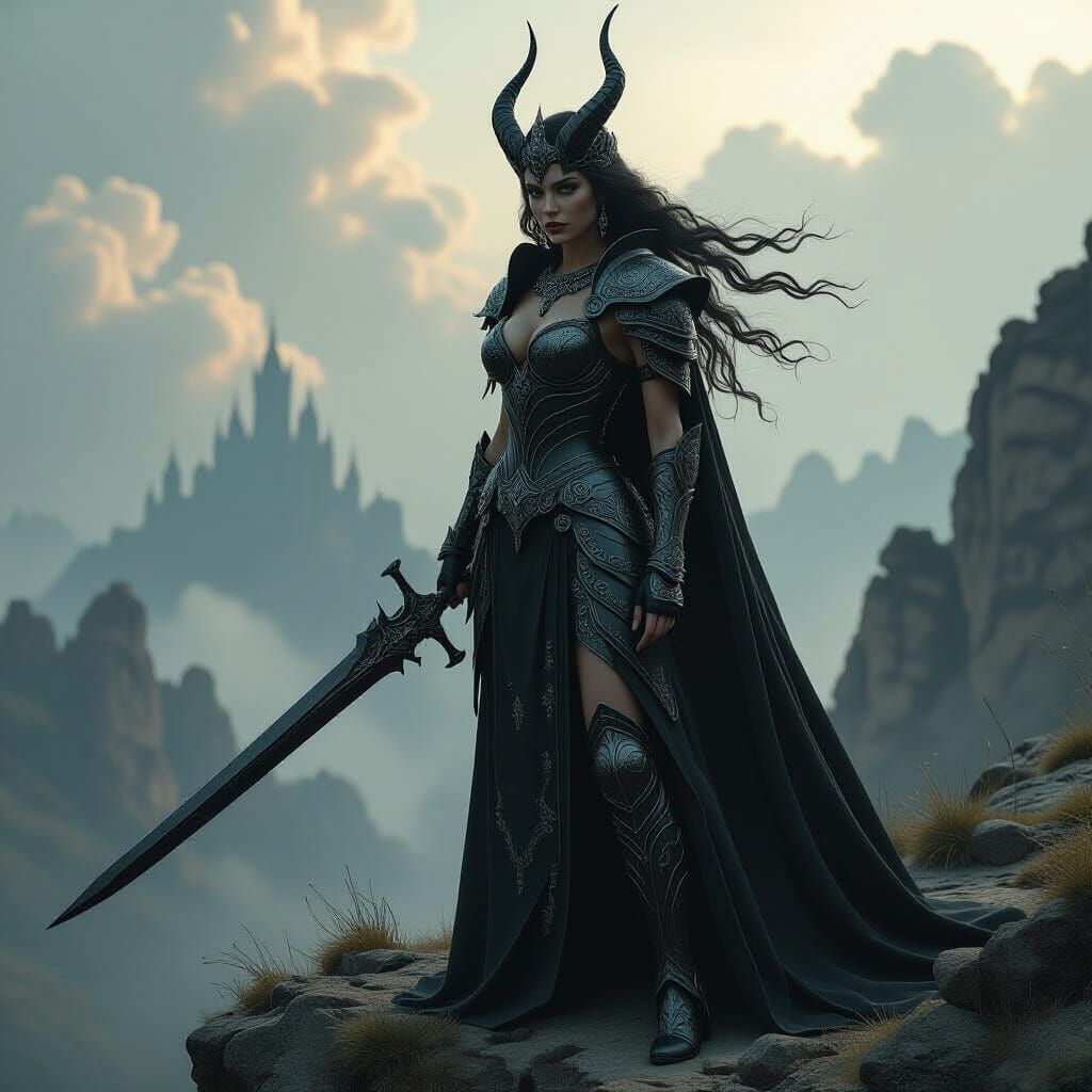 Demoness on Precipice in Vintage Fantasy Style