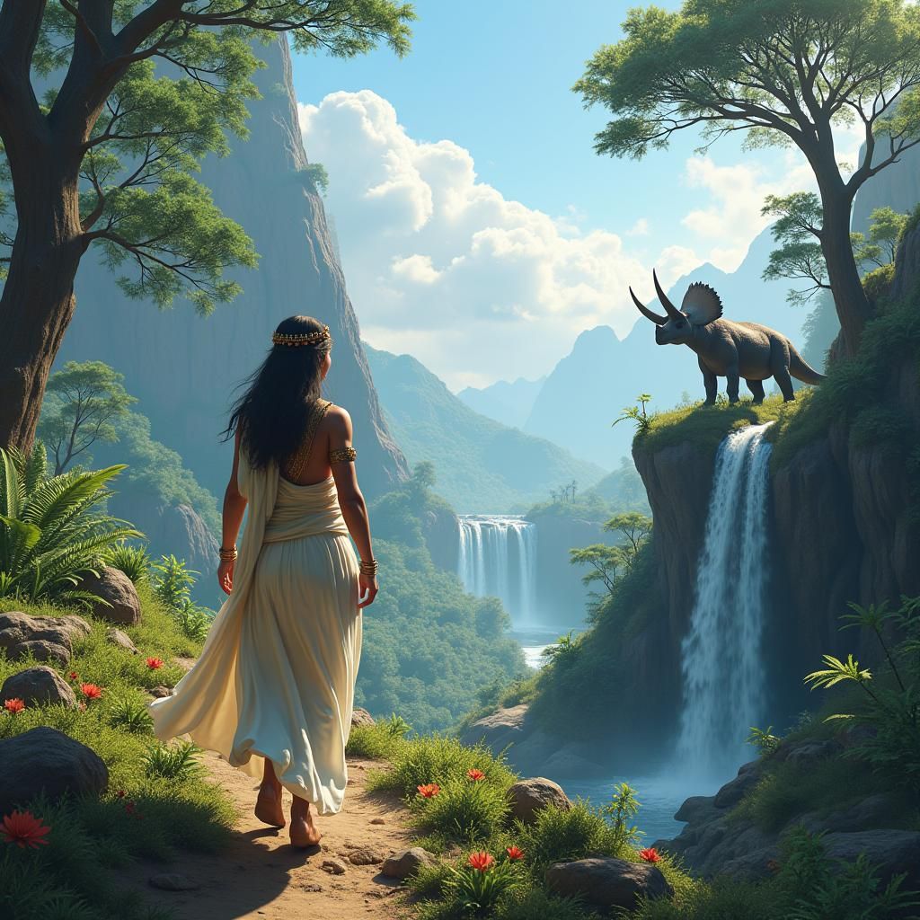 Mesopotamian Girl and Dinosaurs in Mystical Forest