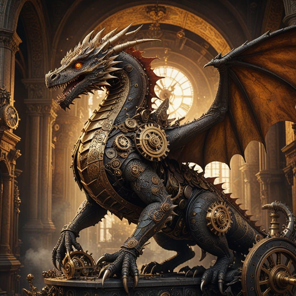 Steampunk Dragon Soaring Over Clockwork City
