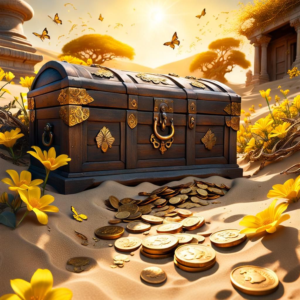 Ancient Chest Overflowing with Gold Coins in Golden Light
