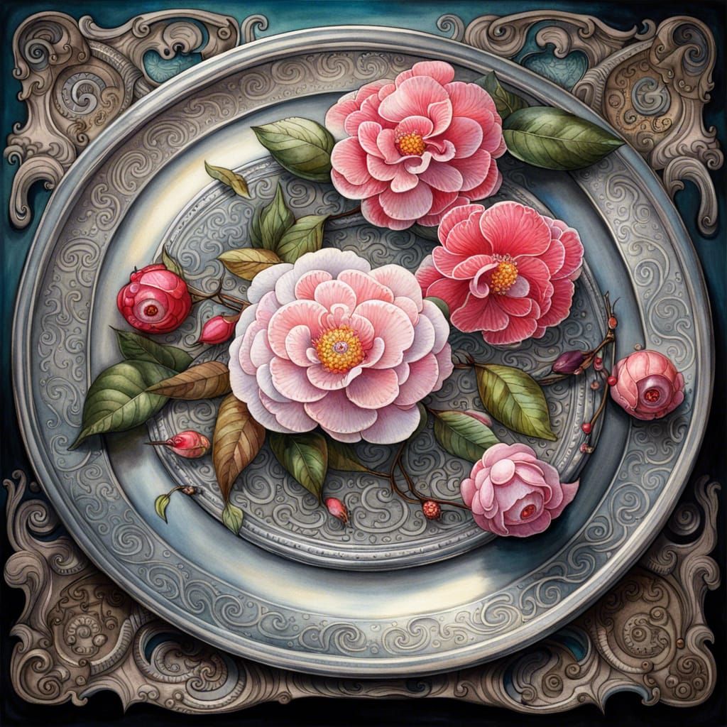 Camellia Still Life with Silver Tray in Gouache Watercolor