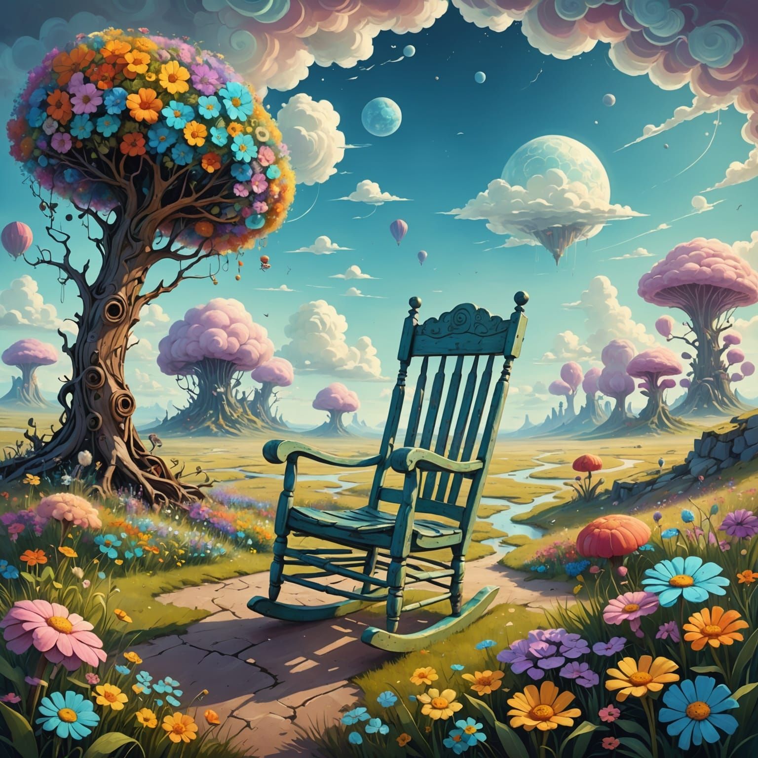 Weathered Rocking Chair in Surreal Dreamlike Landscape