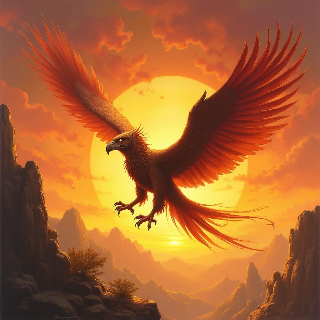 Majestic Griffin Soaring Through Sunset Sky