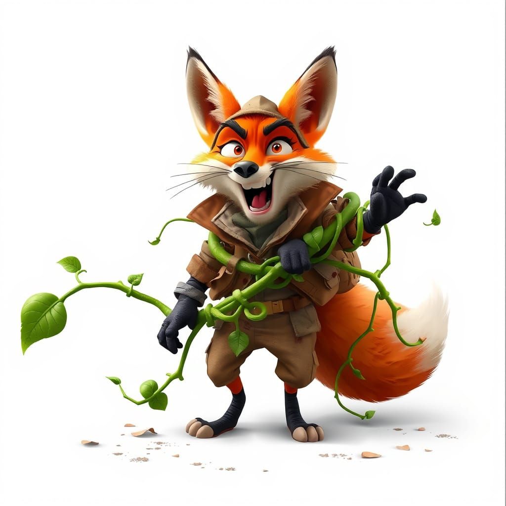 Cartoon Fox Explorer Trapped in Vine, 3D Render