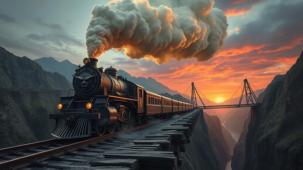 Mystical Demon Train Approaches Ruined Bridge