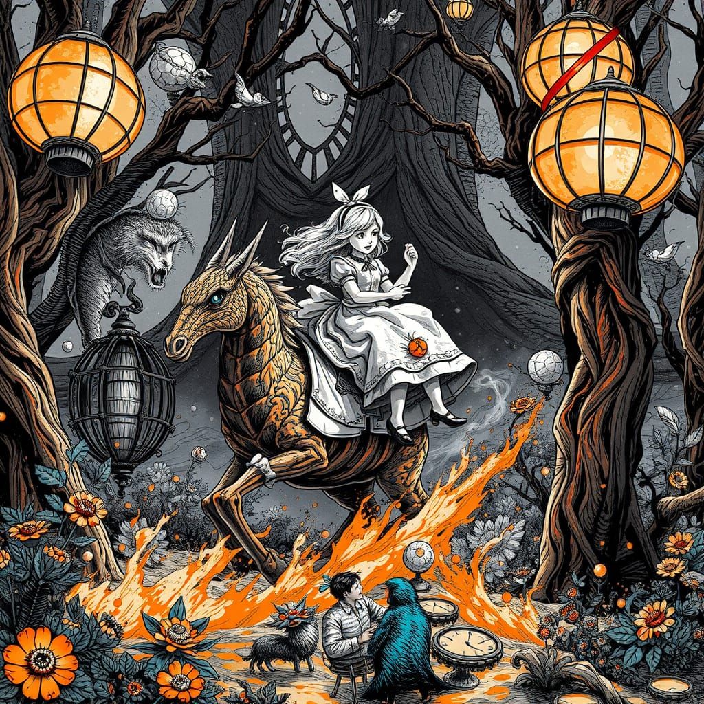 Alice Rides Jabberwocky through Wonderland in Triadic Colors