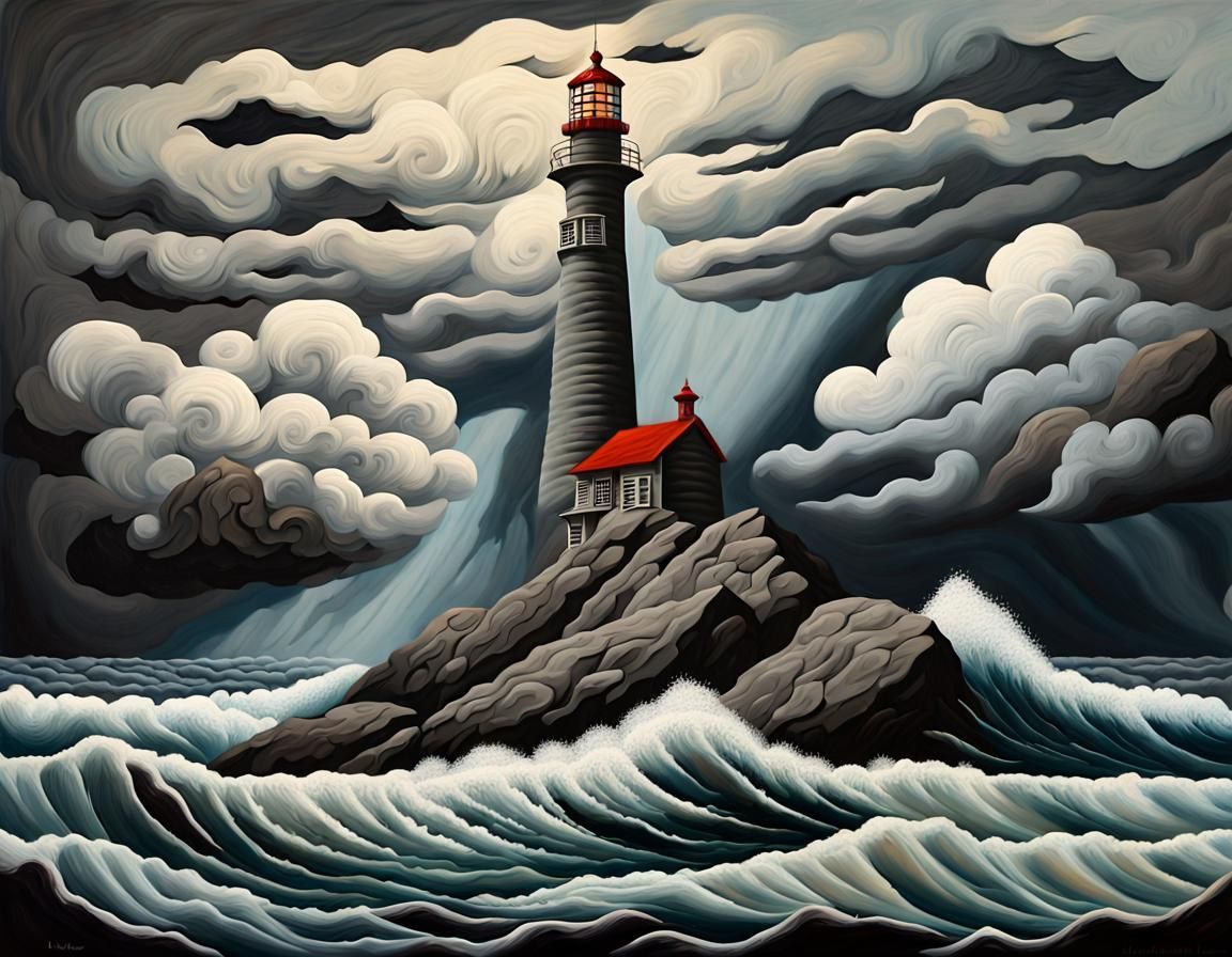 Gothic Lighthouse Under Storm Clouds in Impasto Style