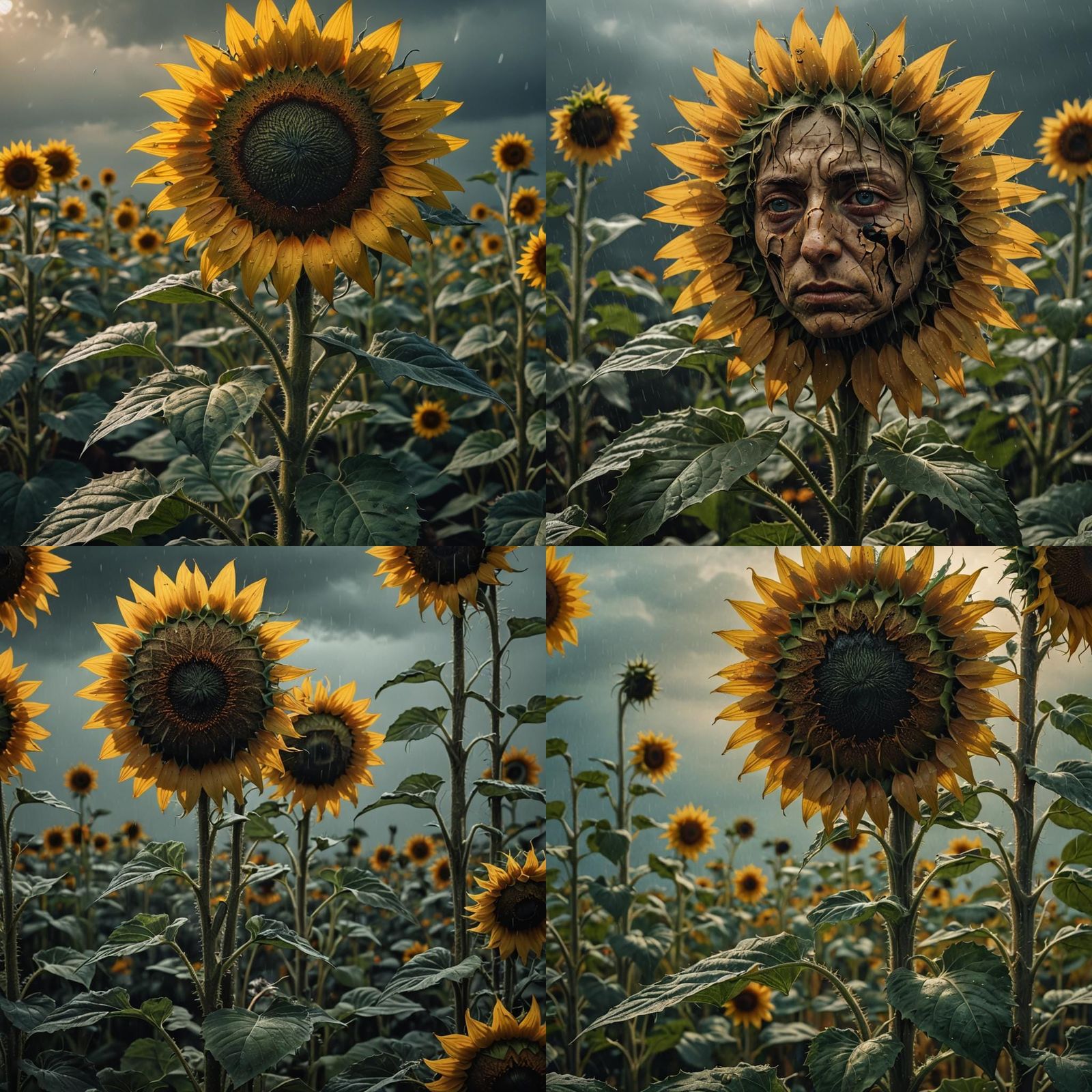 A sad sunflower crying alone, inspired by Zdzisław Beksiński, intricate details, HDR, beautifully shot, hyperrealistic, ...