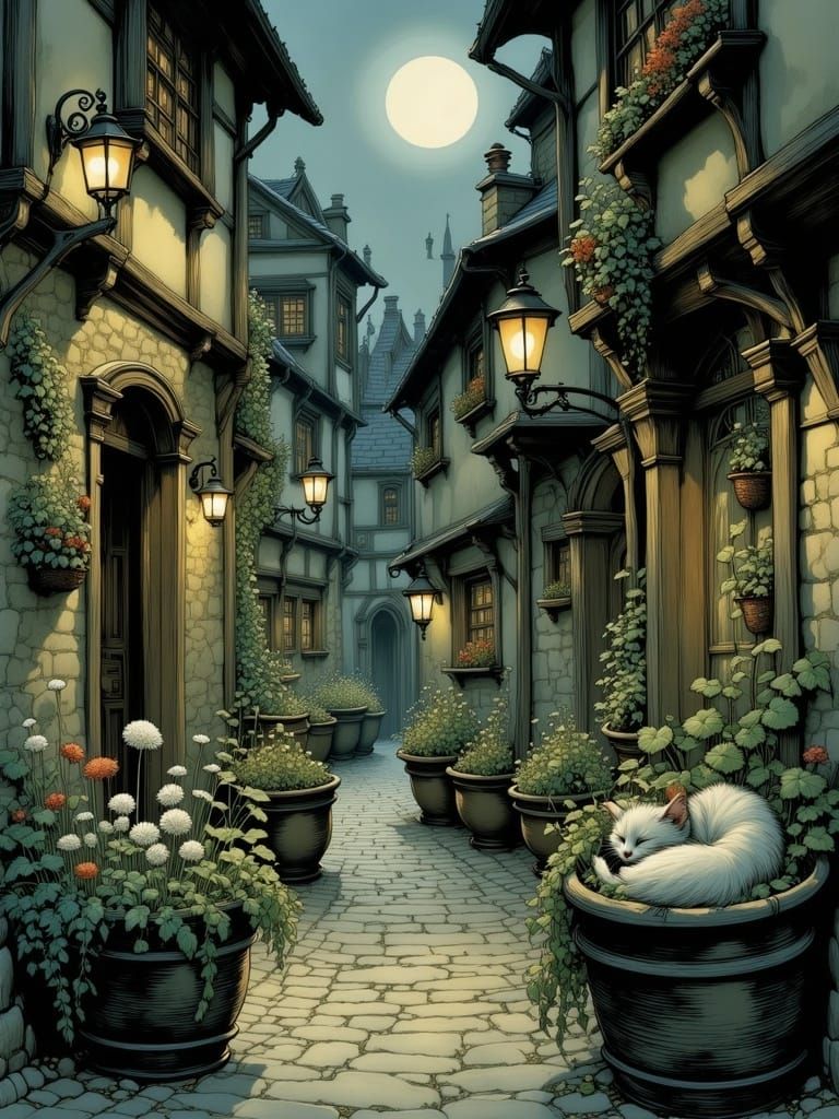 Moonlit Medieval Alley with Sleeping Cat and Flowers